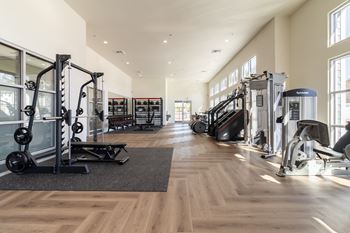 a gym with weights and cardio equipment on a rug and large windows